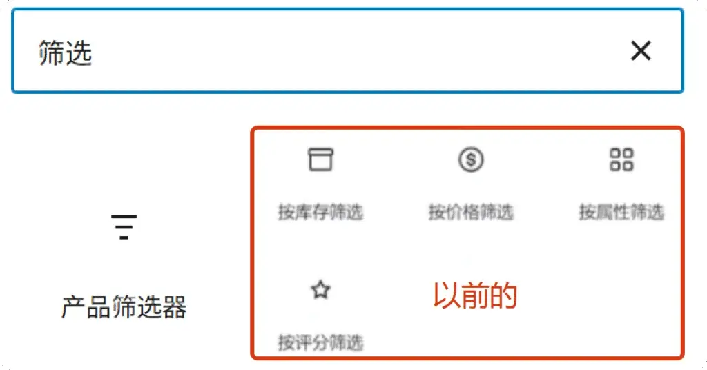 WordPress升级后筛选元素 WordPress升级后,筛选元素从四个整合为一个【产品筛选器】元素。