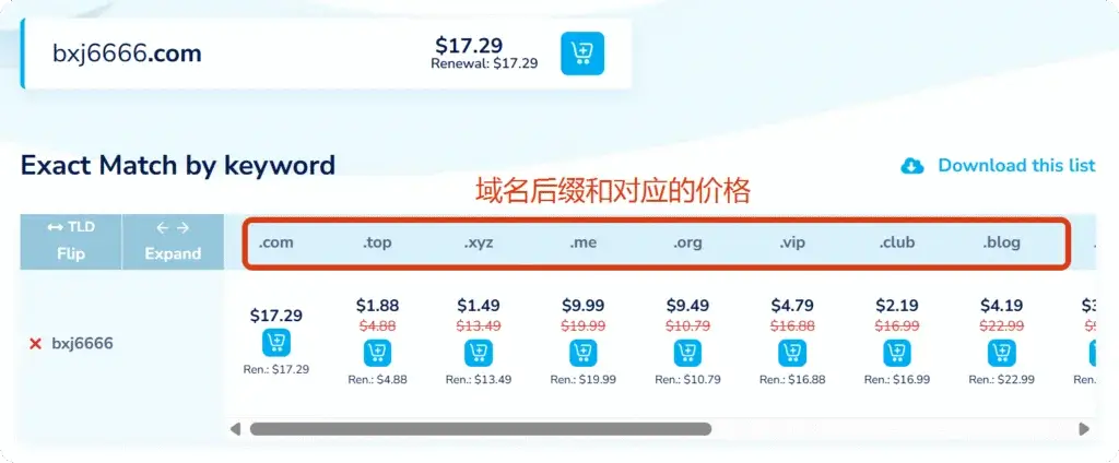 域名价格及续费信息 显示不同域名后缀价格及续费信息的界面