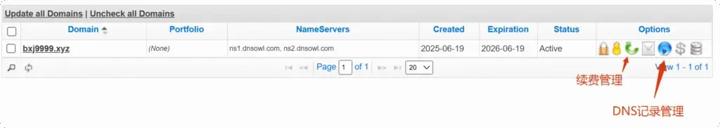 Namesilo域名管理页面 Namesilo域名管理页面,设置自动续费和管理DNS