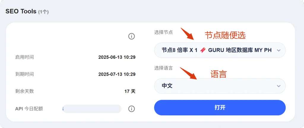 节点和语言选择 选择完节点和语言,就可以打开使用了
