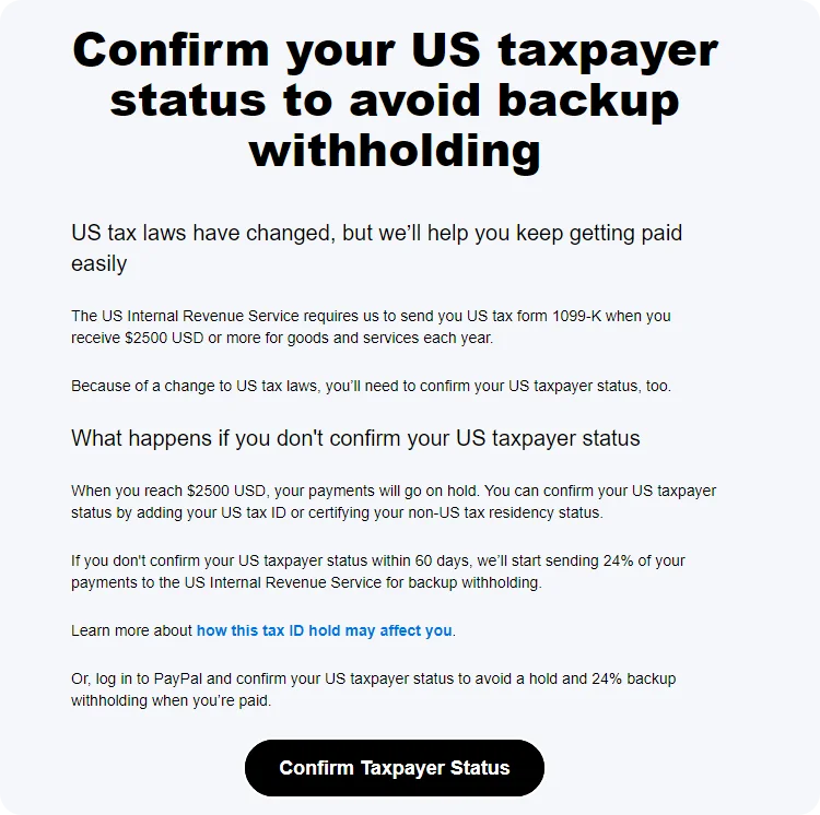 Paypal纳税人验证 绑定美国账户后paypal发送纳税人验证