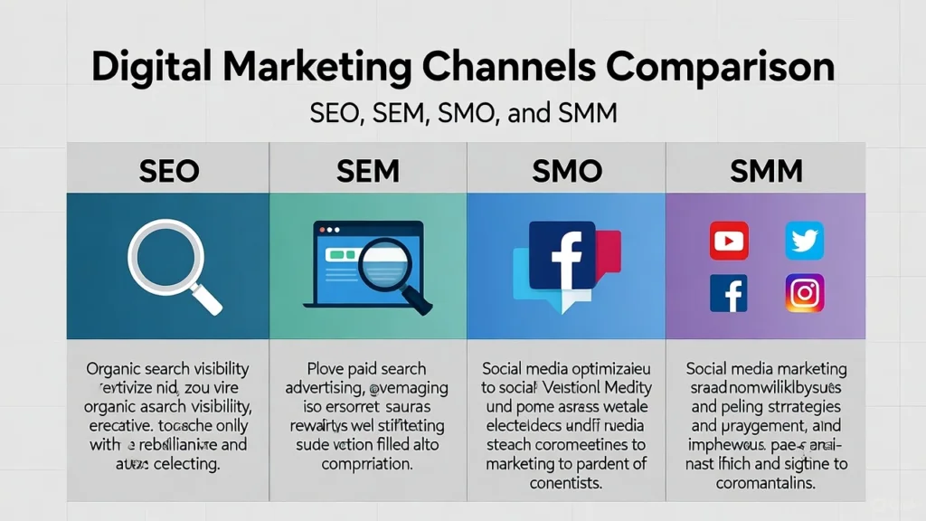 SEO、SEM、SMO、SMM 的定义与区别:数字营销渠道全解析 6 SEO(搜索引擎优化)、SEM(搜索引擎营销)、SMO(社交媒体优化)和SMM(社交媒体营销)