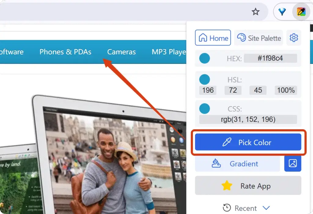 使用Color Picker拾取网页颜色，显示HEX、HSL、RGB参数复制功能。